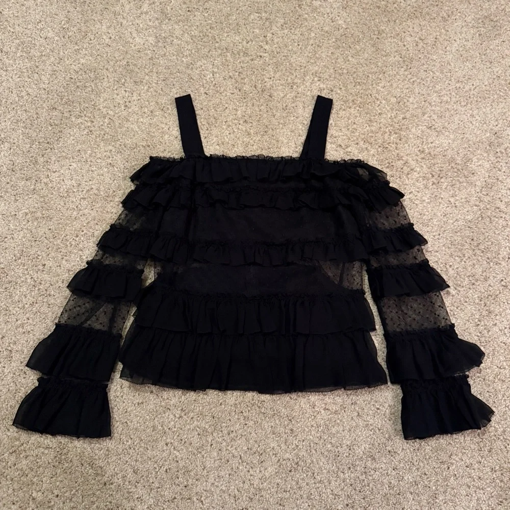 ALEXIS Karissa Cold Shoulder Polka Dot Swiss Dot Off the Shoulder Top in Black - Picture 3 of 6